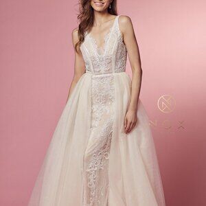 WHITE/NUDE WEDDING FORMAL PARTY PROM BRIDAL SHEER LACES LONG GOWN DRESS nx474